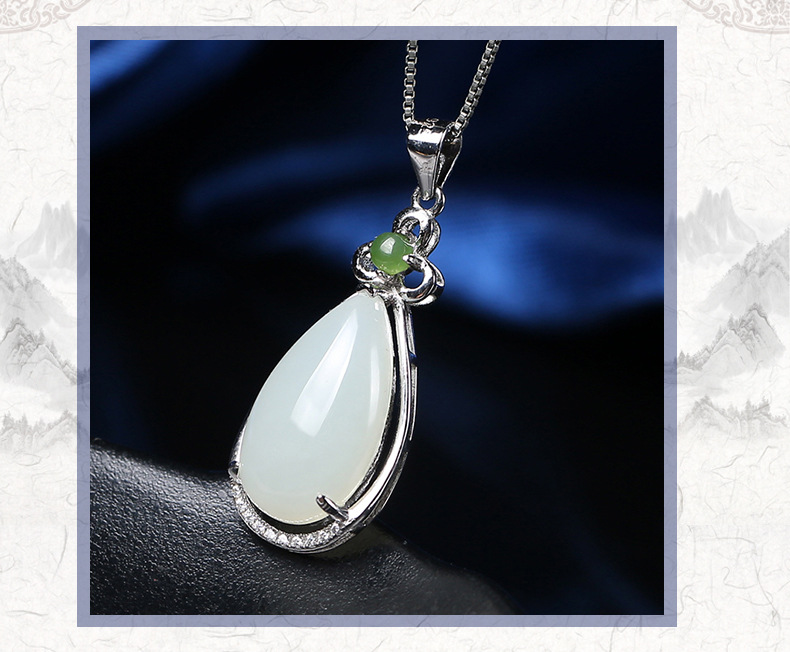 天然和田玉石吊墜女款銀鑲白玉水滴吊墜青海玉石韓料優雅a貨掛件